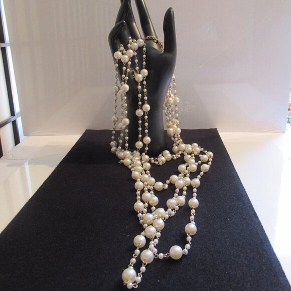 6 Strands, Champagne Pearl Necklace, Gold, 20" Long, Luxury, Faux, - Picture 7 of 14